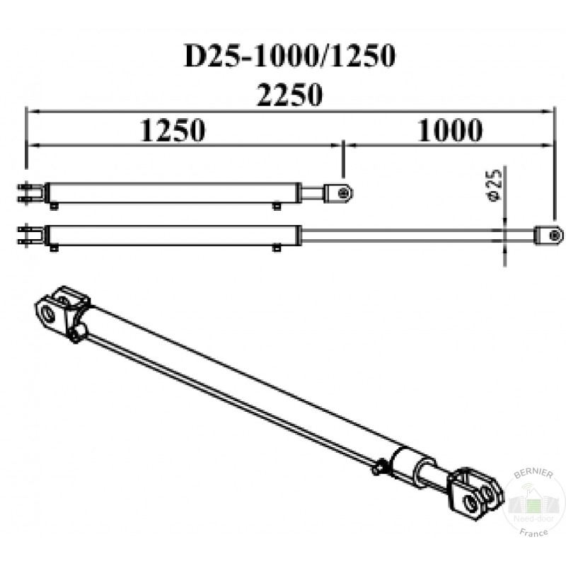 Vérin à lèvre à double effet  D25 - 1000 / 1250 lèvre télescopique 1000 Hormann Référence 307689